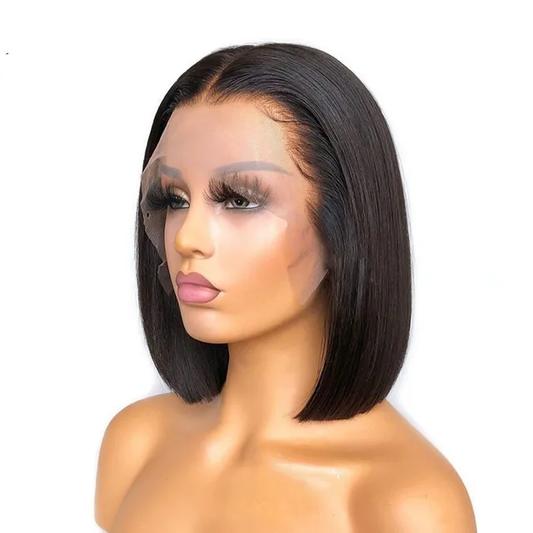 The model is showcasing our Nandi wig, which is a Silky Straight Peruvian Frontal wig, with a 13x4 ear to ear transparent swiss lace. The wig is Premium quality - 100% raw virgin human hair with cuticles intact and aligned. It is a glue-less wig with adjustable and detachable bands. It has a pre-plucked hairline and can be customised to a ready and go wig by adding bleached knots. Comes in lengths 10” and 12 and forms part of our affordable range